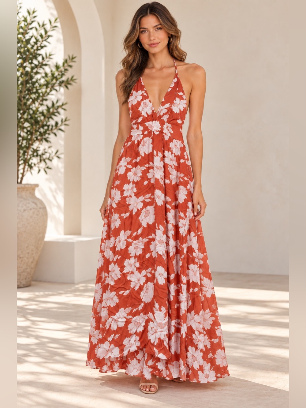 Lulus Rust White Floral Halter Maxi Dress Open Back Side Slits XS